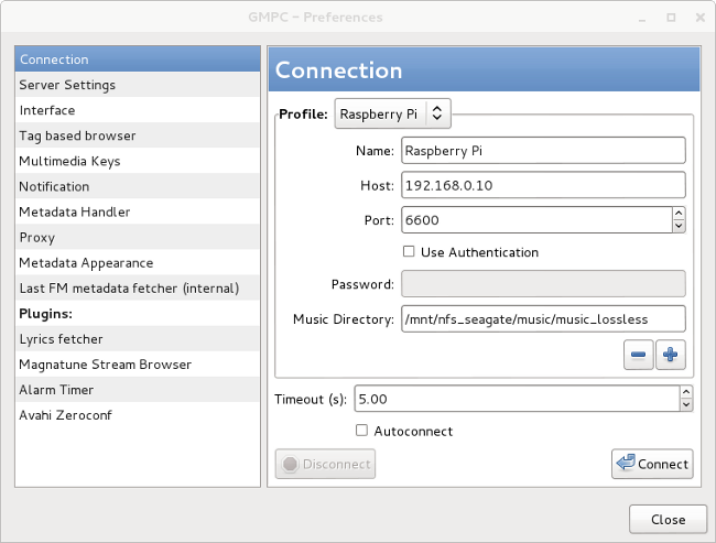 Configuration of GMPC to connect to MPD